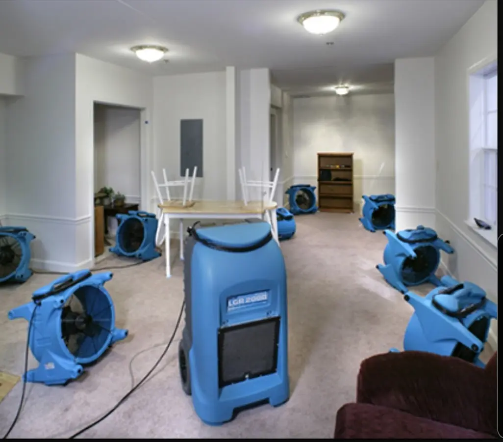 Air movers and dehumidifier setup for Water Extraction & Removal in Goshen